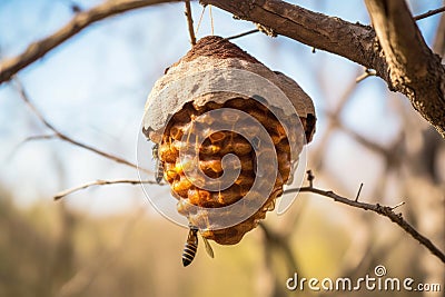 wild bee hive hanging on high tree branch Stock Photo