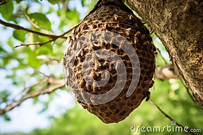 wild bee hive hanging on high tree branch Stock Photo