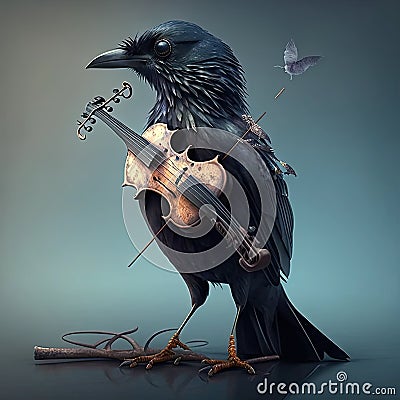 Blackbird Holding Minuature Violin Wild Animal Stock Photo