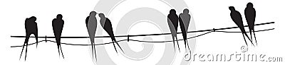 Wild bird silhouettes on wire. Sitting black swallows Vector Illustration