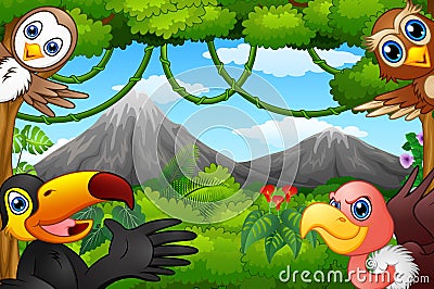 Wild birds cartoon with a mountain in a forest Vector Illustration