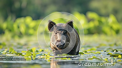 Wild boar in grass in water Stock Photo