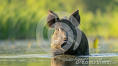 Wild boar in grass in water Stock Photo