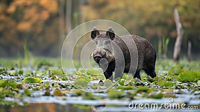 Wild boar in grass in water Stock Photo