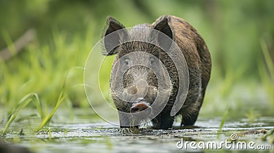 Wild boar in grass in water Stock Photo