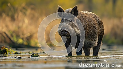 Wild boar in grass in water Stock Photo