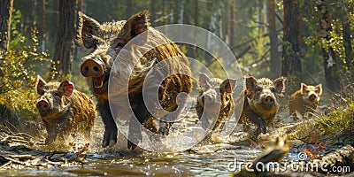 Wild Boars Running Through a Forest Stream. created by generative artificial intelligence Stock Photo