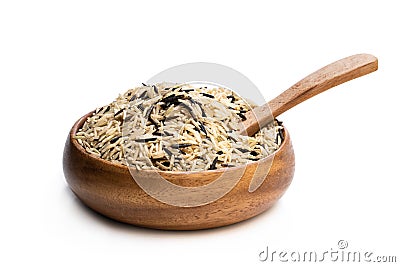 Wild brown basmati rice in a wooden bowl isolated on white Stock Photo