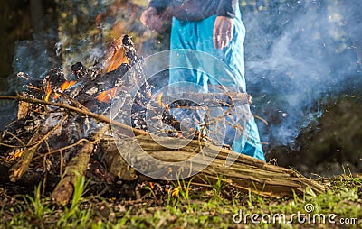 Wild Camping Campfire Close Up Stock Photo