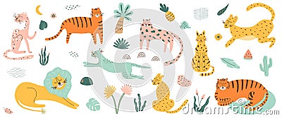 Wild cat set. Safri animals collection. Tiger, lion, leopard, jaguar African feline animals tropical palm Cartoon Illustration