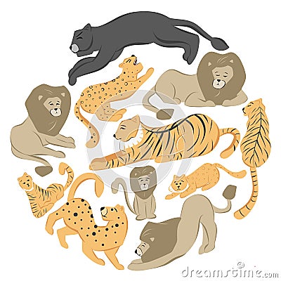 Collage of Wild cats lions tiger leopard Vector Illustration