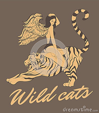 Wild cats. Vector hand drawn illustration of woman in swimsuit on tiger. Vector Illustration