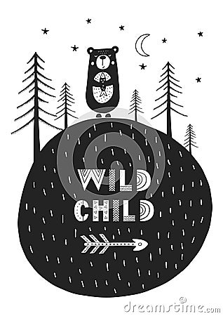 Wild child - Cute hand drawn nursery poster with cartoon animal and lettering in scandinavian style. Cartoon Illustration