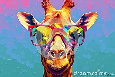 neck animal mammal africa giraffe portrait zoo sunglasses wildlife colorful. Generative AI. Stock Photo
