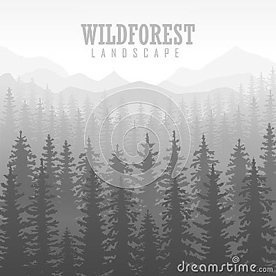 Wild coniferous forest background. Pine tree, landscape nature, wood natural panorama. Cartoon Illustration