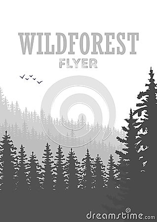 Wild coniferous forest flyer background. Pine tree, landscape nature, wood natural panorama. Cartoon Illustration