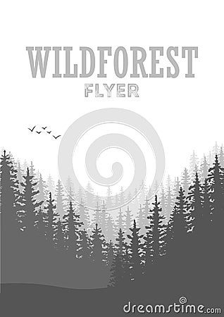 Wild coniferous forest flyer background. Pine tree, landscape nature, wood natural panorama. Cartoon Illustration