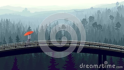 Wild coniferous wood in morning fog with bridge. Vector Illustration