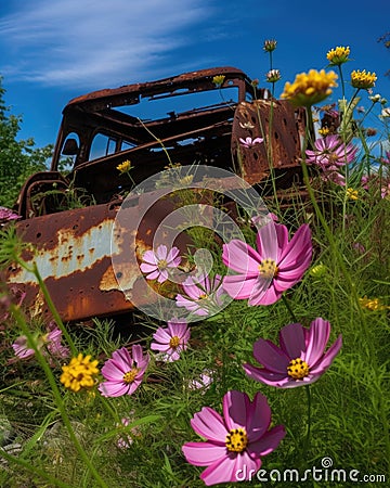 Wild cosmos have taken root in a rusted military truck a monument to nature's determination over time. Abandoned Stock Photo