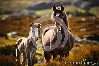 Wild Dartmoor pony, mother and foal Stock Photo