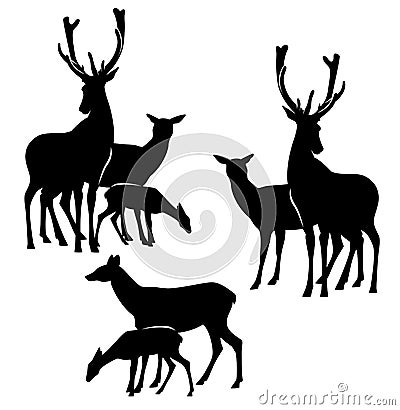 standing deer family black and white vector silhouette set Vector Illustration