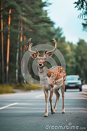 wild deer on the highway, cars Stock Photo