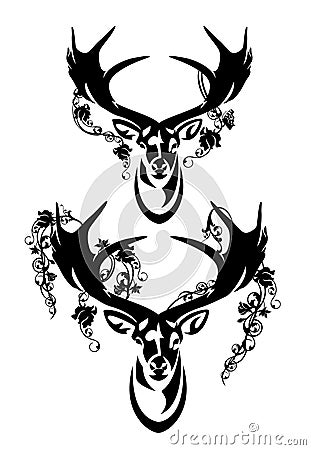 wild deer stag head among rose flowers black and white vector outline Vector Illustration