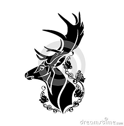 Wild deer stag among rose flowers black and white vector outline Vector Illustration