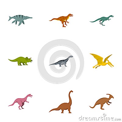 Wild dinosaur icons set, flat style Vector Illustration