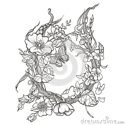 Wild dog rose flowers frame contour ink adult coloring page drawing vector clipart on white background. Vector Illustration