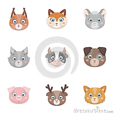 Wild and domestic animals. A set of pictures about animals. Animal muzzle icon in set collection on cartoon style vector Vector Illustration