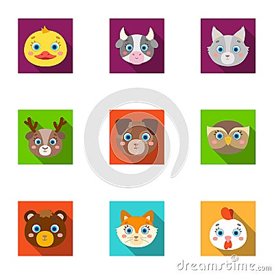 Wild and domestic animals. A set of pictures about animals. Animal muzzle icon in set collection on flat style vector Vector Illustration