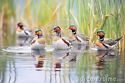 wild ducks parading by the waterside reeds Stock Photo