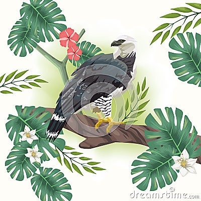 Wild eagle bird with tropical leafs Vector Illustration