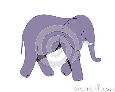 Wild elephant, big heavy African animal. Huge mammal walking, going, side view. Great large herbivore beast with tusks Vector Illustration