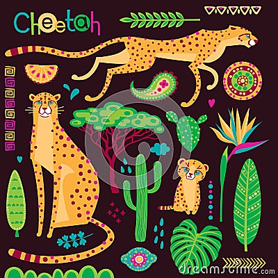 Wild exotic cats, tropical plants and ethnic patterns set. Cheetahs and their cub. Vector illustration of cartoon style Vector Illustration