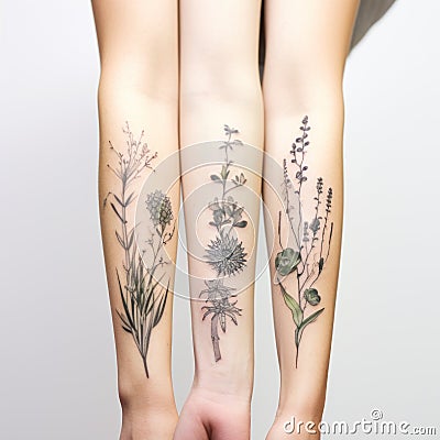 Wild Flower And Aloe Vera Tattoos: Subtle Color Gradations And Graphite Sketches Stock Photo