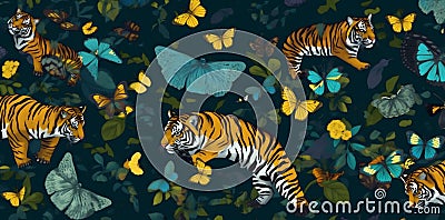 tiger illustration flower nature animal pattern vintage design art drawing. Generative AI. Cartoon Illustration