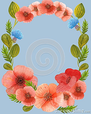 Wild flower wreath watercolor illustration art composition Cartoon Illustration