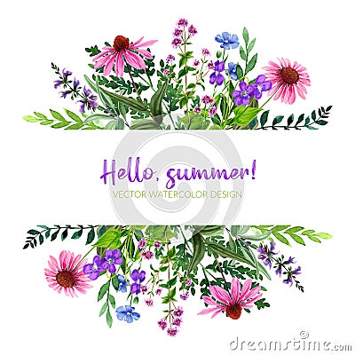 Wild flowers banner with field flowers, pink and violet Vector Illustration
