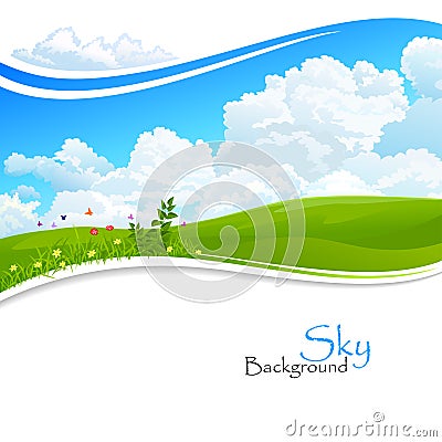 Wild flowers , Green hills and Blue Sky Vector Illustration