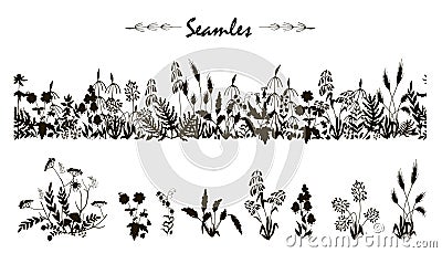 Wild flowers and leaves black silhouette, seamless brush Vector Illustration