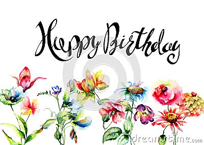 Wild flowers with title Happy Birthday, watercolor illustration Cartoon Illustration