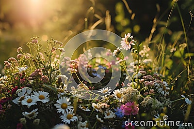 Wild flowers wreath in morning meadow in sunrise Stock Photo
