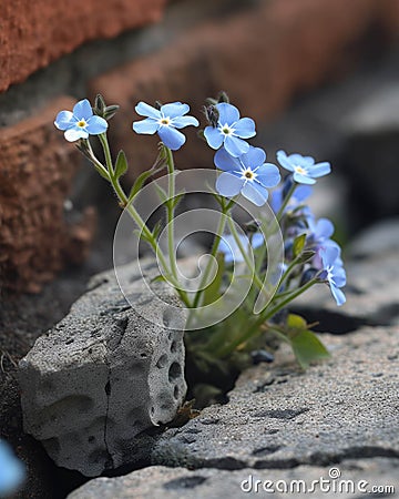 Wild forgetmenots have taken root amidst the shattered bricks and broken rifles a reminder of our peace. Abandoned Stock Photo