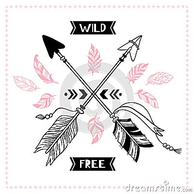 Wild free poster. Indian tribal cross arrows, american apache mohawk arrow vector illustration Vector Illustration