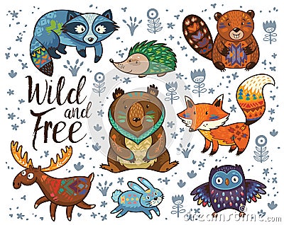 Wild and free. Woodland tribal animals vector set Vector Illustration