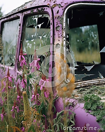 Wild grasses and purple foxglove have overtaken a brokendown armored truck the vibrant foliage visible through Abandoned Stock Photo