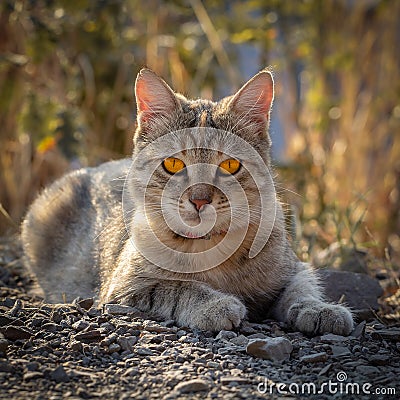 Wild gray tabby cat with bright orange eyes lies outdoors. Square photo, instagram format Stock Photo