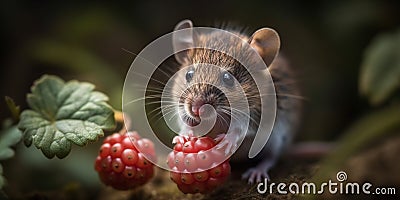 Wild Grey Mouse Eating Raspberry In The Forest Stock Photo